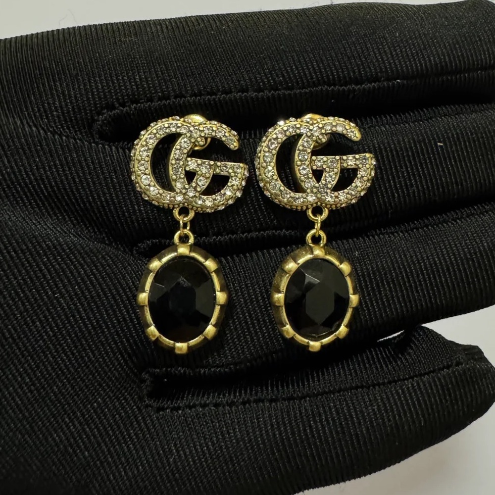 GG DESIGNER INSPIRED SINGLE BLACK STONE DANGLE EARRINGS